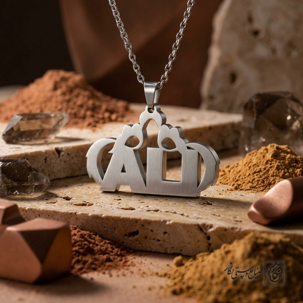 گردنبند اسم Ali لاتین با کادر تاج‌دار کد 7418