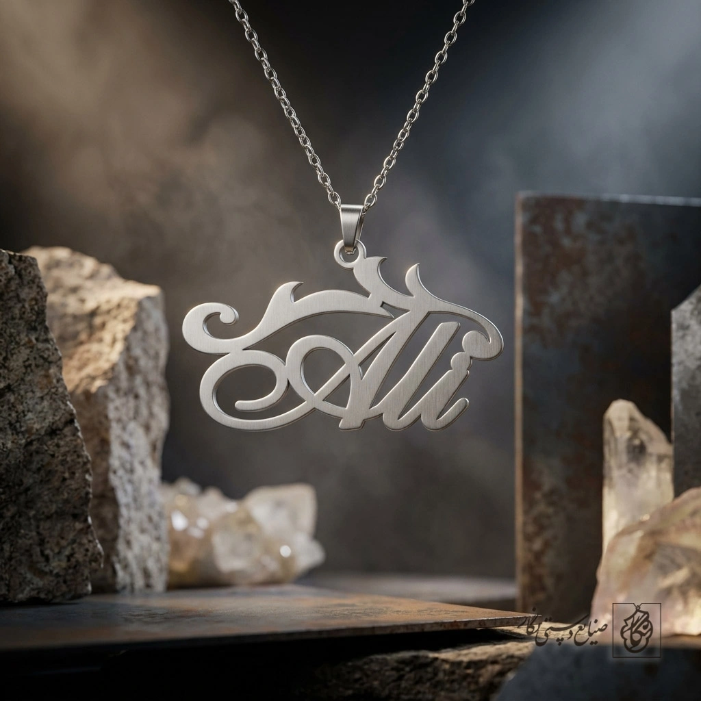 گردنبند اسم Ali لاتین با تزئین اسلیمی کد 7421