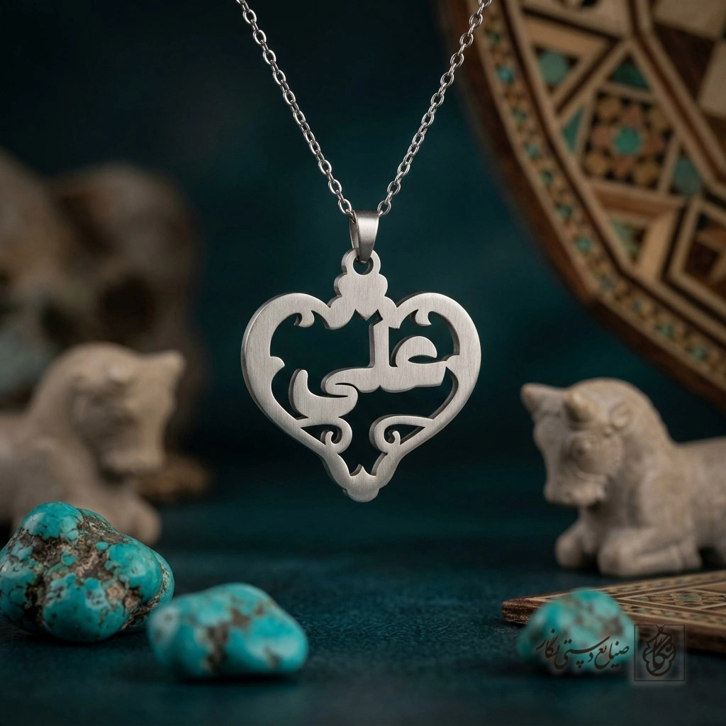 گردنبند اسم علی فارسی داخل قلب اسلیمی کد 7458