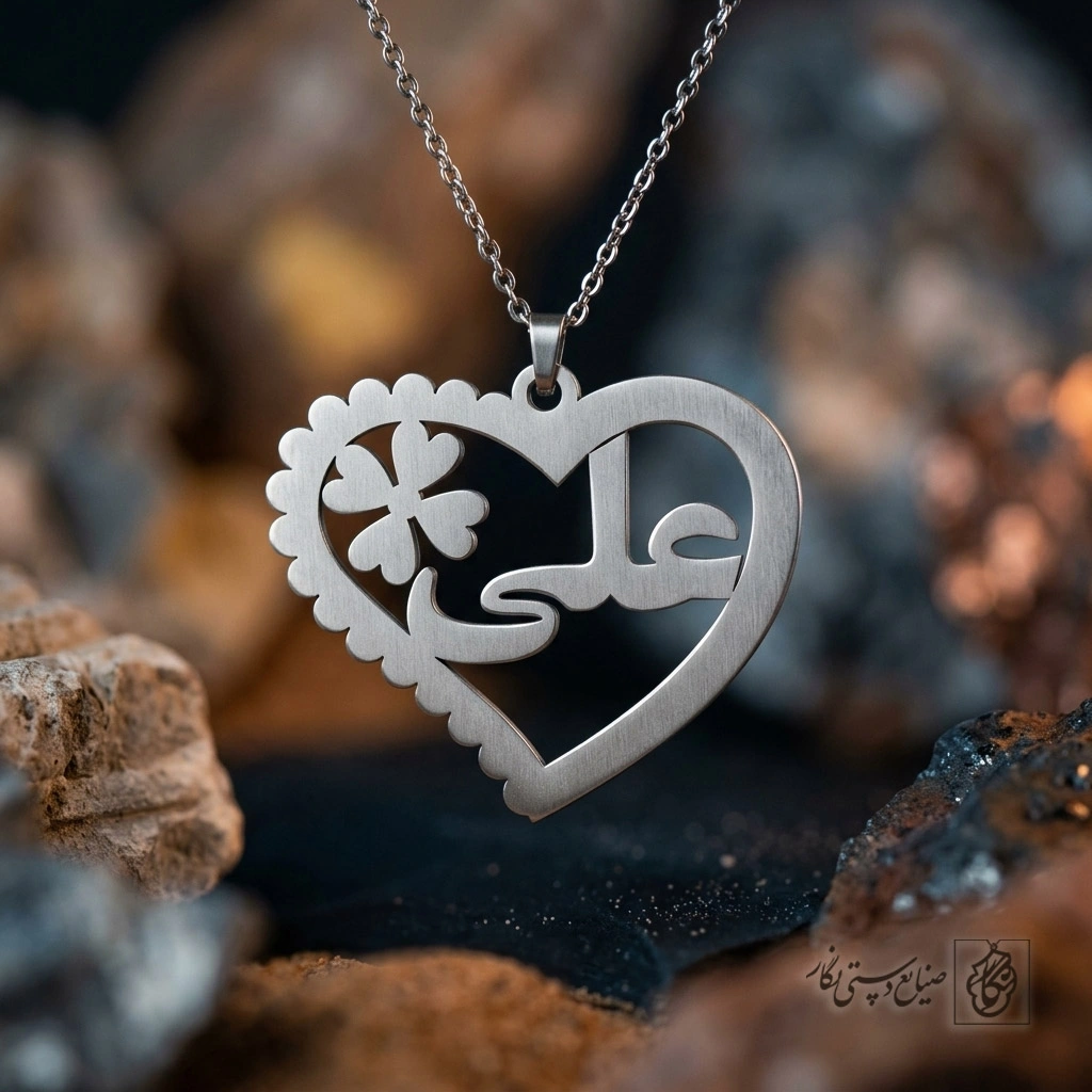 گردنبند اسم علی فارسی داخل قلب کنگره‌دار کد 7467