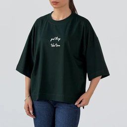 تیشرت دمپا چاک چاپی زنانه 3530 - سبز تیره