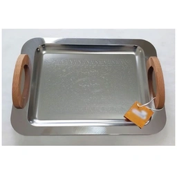سینی مستطیل کوچک کف گلدار دسته چوبی370A
