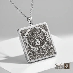 گردنبند طرح ملکه مکانیکی (قرینه) (حکاکی لیزری فایبر، مدل قاب مربع) کد 500045