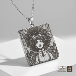 گردنبند طرح زن استیم‌پانک با موهای پریشان (حکاکی لیزری فایبر، مدل قاب مربع) کد 500047