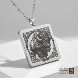 گردنبند طرح پرتره بوفالو  (حکاکی لیزری فایبر، مدل قاب مربع) کد 500065