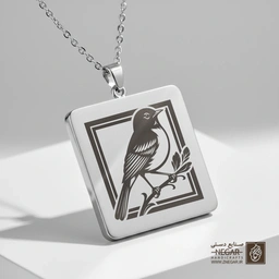 گردنبند طرح پرنده روی شاخه  (حکاکی لیزری فایبر، مدل قاب مربع) کد 500069
