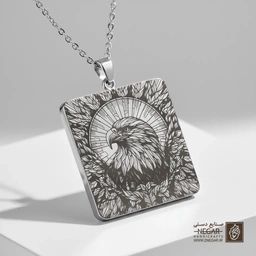 گردنبند طرح عقاب و خورشید (حکاکی لیزری فایبر، مدل قاب مربع) کد 500175