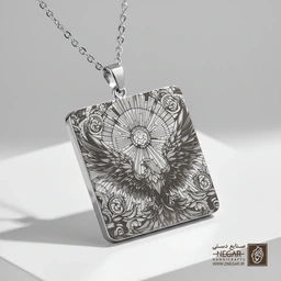 گردنبند طرح عقاب و خطوط هندسی (حکاکی لیزری فایبر، مدل قاب مربع) کد 500178