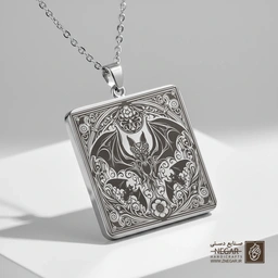 گردنبند طرح خفاش (Bat) گوتیک (حکاکی لیزری فایبر، مدل قاب مربع) کد 500216