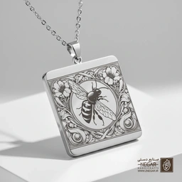 گردنبند طرح زنبور و حاشیه گل (حکاکی لیزری فایبر، مدل قاب مربع) کد 500352