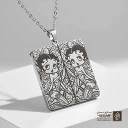 گردنبند طرح بتی بوپ در آیینه (حکاکی لیزری فایبر، مدل قاب مربع) کد 500402