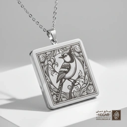 گردنبند طرح پرنده و گلستان (حکاکی لیزری فایبر، مدل قاب مربع) کد 500415