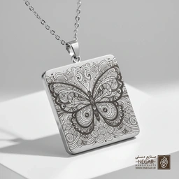 گردنبند طرح پروانه کلاسیک (حکاکی لیزری فایبر، مدل قاب مربع) کد 500447