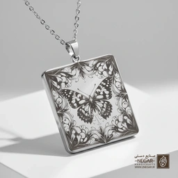 گردنبند طرح پروانه و ماندالا (حکاکی لیزری فایبر، مدل قاب مربع) کد 500448