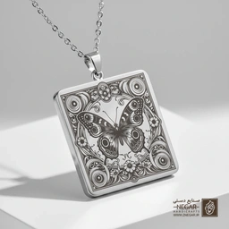 گردنبند طرح پروانه در قاب اسلیمی (حکاکی لیزری فایبر، مدل قاب مربع) کد 500452