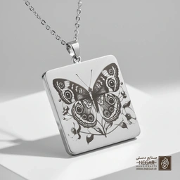 گردنبند طرح پروانه تتو (Tattoo) (حکاکی لیزری فایبر، مدل قاب مربع) کد 500457