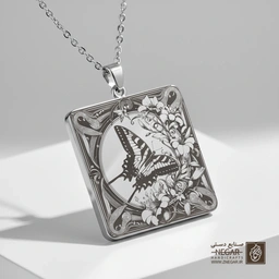 گردنبند طرح پروانه و ماه (حکاکی لیزری فایبر، مدل قاب مربع) کد 500459