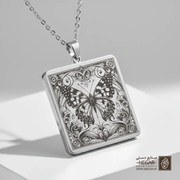 گردنبند طرح پروانه اسکلتی (فانتزی) (حکاکی لیزری فایبر، مدل قاب مربع) کد 500461