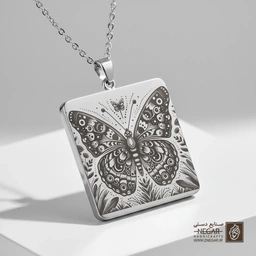 گردنبند طرح پروانه و پیچک (حکاکی لیزری فایبر، مدل قاب مربع) کد 500465