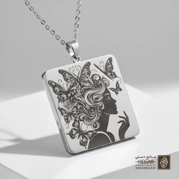 گردنبند طرح زن و پروانه‌ها (حکاکی لیزری فایبر، مدل قاب مربع) کد 500481