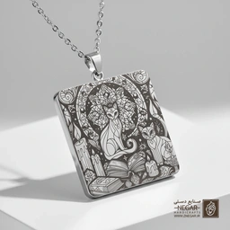 گردنبند طرح گربه و کتابخانه‌ی جادویی (حکاکی لیزری فایبر، مدل قاب مربع) کد 500528
