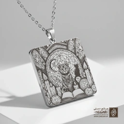 گردنبند طرح گربه و طلسم ماه (حکاکی لیزری فایبر، مدل قاب مربع) کد 500529