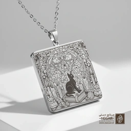 گردنبند طرح گربه سیاه و کتاب کهن (حکاکی لیزری فایبر، مدل قاب مربع) کد 500533