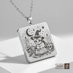 گردنبند طرح گربه و آسمان شب (حکاکی لیزری فایبر، مدل قاب مربع) کد 500539