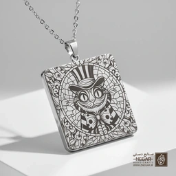 گردنبند طرح گربه چشایر با کلاه سیلندر (حکاکی لیزری فایبر، مدل قاب مربع) کد 500558