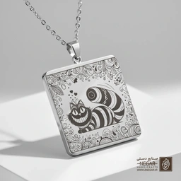 گردنبند طرح گربه چشایر راه راه (حکاکی لیزری فایبر، مدل قاب مربع) کد 500562