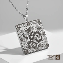 گردنبند طرح جفت اژدهای چینی (حکاکی لیزری فایبر، مدل قاب مربع) کد 500579