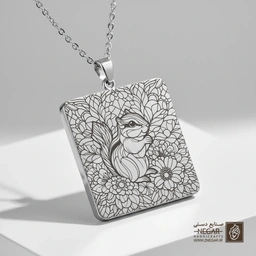 گردنبند طرح سنجاب در میان گل‌ها (حکاکی لیزری فایبر، مدل قاب مربع) کد 500587