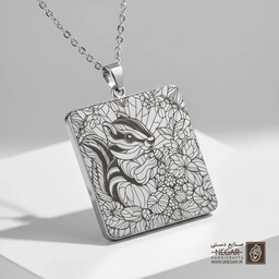 گردنبند طرح سنجاب و نقوش اسلیمی (حکاکی لیزری فایبر، مدل قاب مربع) کد 500588
