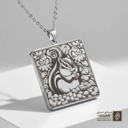 گردنبند طرح سنجاب در میان گلستان (حکاکی لیزری فایبر، مدل قاب مربع) کد 500599