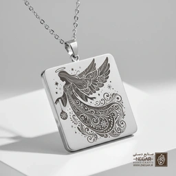 گردنبند طرح فرشته در حال پرواز (حکاکی لیزری فایبر، مدل قاب مربع) کد 500612