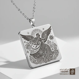 گردنبند طرح فرشته معنوی کریسمس (حکاکی لیزری فایبر، مدل قاب مربع) کد 500620