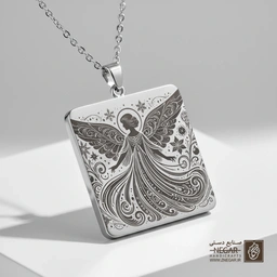 گردنبند طرح فرشته کریسمس بال‌گشوده (حکاکی لیزری فایبر، مدل قاب مربع) کد 500621