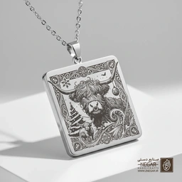 گردنبند طرح گاو هایلند (Highland Cow) (حکاکی لیزری فایبر، مدل قاب مربع) کد 500628
