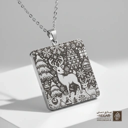 گردنبند طرح گوزن ایستاده در کادر گل (حکاکی لیزری فایبر، مدل قاب مربع) کد 500650