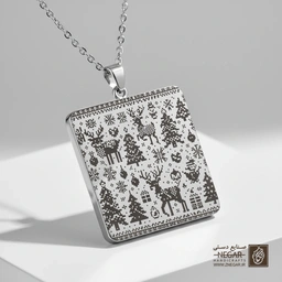 گردنبند طرح پترن گوزن و کاج (حکاکی لیزری فایبر، مدل قاب مربع) کد 500657