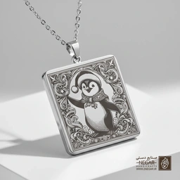 گردنبند طرح پنگوئن و هدیه (حکاکی لیزری فایبر، مدل قاب مربع) کد 500659