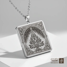 گردنبند طرح درخت کریسمس در قاب گل (حکاکی لیزری فایبر، مدل قاب مربع) کد 500676