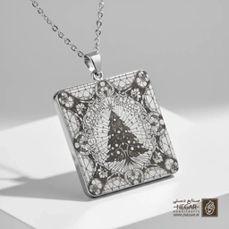 گردنبند طرح درخت کریسمس فانتزی (حکاکی لیزری فایبر، مدل قاب مربع) کد 500679