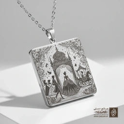 گردنبند طرح سیندرلا در قصر (حکاکی لیزری فایبر، مدل قاب مربع) کد 500694