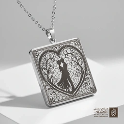 گردنبند طرح زوج عاشق در قلب اسلیمی (حکاکی لیزری فایبر، مدل قاب مربع) کد 500736