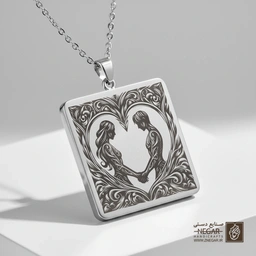 گردنبند طرح بوسه عاشقانه در قلب (حکاکی لیزری فایبر، مدل قاب مربع) کد 500740
