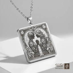 گردنبند طرح زوج و دنیای جادویی (حکاکی لیزری فایبر، مدل قاب مربع) کد 500745