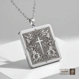 گردنبند طرح صلیب مذهبی کلاسیک (Cross) (حکاکی لیزری فایبر، مدل قاب مربع) کد 500762