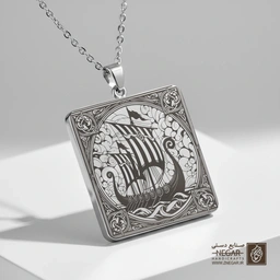 گردنبند طرح قایق وایکینگی در مه (حکاکی لیزری فایبر، مدل قاب مربع) کد 500808