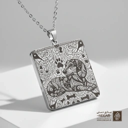 گردنبند طرح سگ داشهوند نشسته (حکاکی لیزری فایبر، مدل قاب مربع) کد 500873